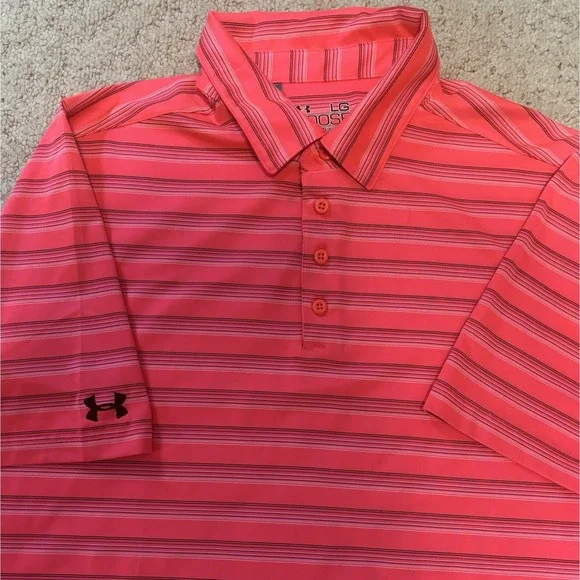 Under Armour HeatGear Loose Fit Men's Large Polo Shirt Pink w/ Fine Line Stripes - Picture 1 of 7